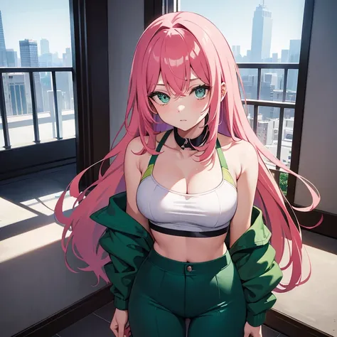 Anime images of a 19-year-old woman who is standing in the living room on the fifth floor of a building while the day is reflected in the windows (Full Shot). She is 169 cm tall, has long light green hair, her eyes are neon pink, she has an enthusiastic ex...