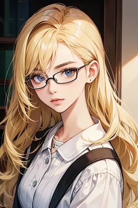 she has blonde hair and eyeglasses.