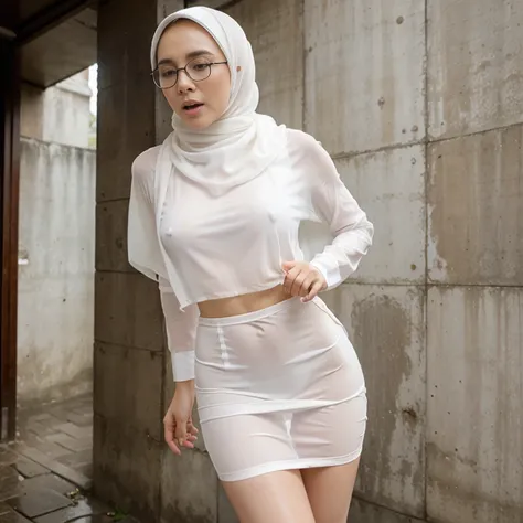 Young beautiful sweet sundanese Bogor city girl, 25 years old, slim body, georgeus face, no underwear, wearing  wet white thin hijab, all her  hairs covered under her hijab,  wearing wet white thin see through very transparent buttoned dress, wearing wet w...