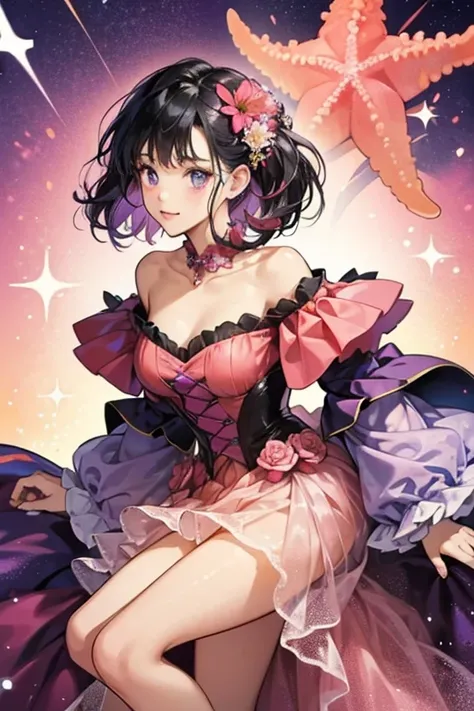 She is a coral pink starfish with jet-black hair with purple highlights and a reddish-violet flower on top. She wears a big top dress.  SPARKLE; GLITTER