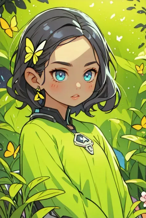 (girl:1.1,wavy black hair,beautiful detailed eyes:green,beautiful detailed lips,tan skin),(oil painting),(colorful garden,with blooming flowers,butterflies flitting around,green grass),(best quality,highres:1.2),(realistic),(vibrant colors,soft pastel tone...