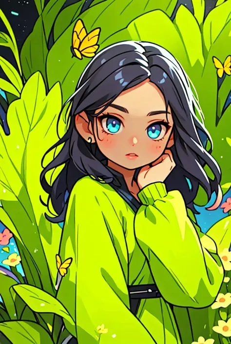 (girl:1.1,wavy black hair,beautiful detailed eyes:green,beautiful detailed lips,tan skin),(oil painting),(colorful garden,with blooming flowers,butterflies flitting around,green grass),(best quality,highres:1.2),(realistic),(vibrant colors,soft pastel tone...