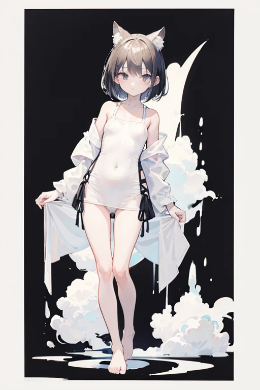 monochrome,masterpiece,illustration, best quality, best aathetic,full body,simple,white one-piece, girl,from front,barefoot,6 years old,standing,
