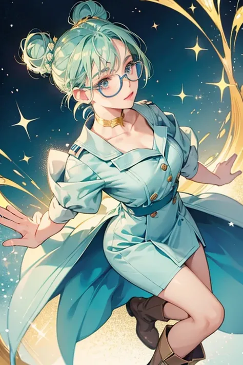 She is a light green with light blue hair that is pulled back into a bun and has big pink lips. She wears a navy blue and white uniform, a gray whistle around her neck, golden glasses, and tall brown boots. SPARKLE; GLITTER