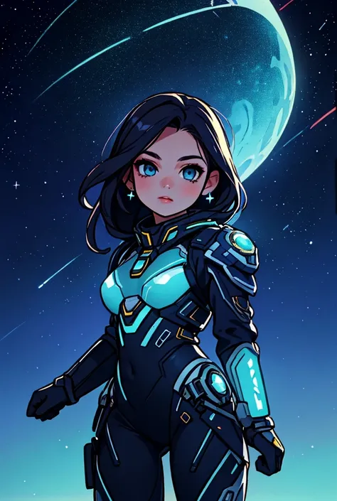 (best quality,4k,8k,highres,masterpiece:1.2),ultra-detailed,(realistic,photorealistic,photo-realistic:1.37),space girl,detailed eyes green and lips,beautiful face,shiny hair,scintillating makeup,stunning outfit,galactic background,cosmic scenery,celestial ...