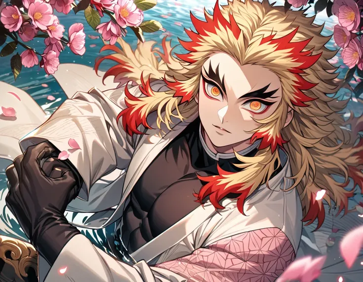 Ultra detailed, Highres, absurdres, Rengoku Kyojuro, blond hair, golden eyes, white long coat with patterns, Kimetsu No Yaiba, pink flowers, petals, extremely handsome, sexy man, solo, very detailed eyes and face, black gloves, water, pink butterflies, bla...