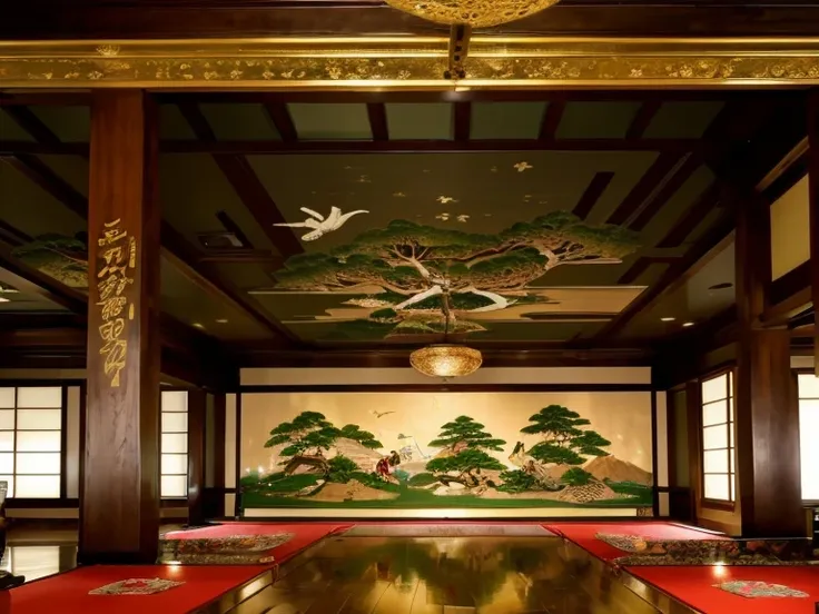 A gorgeous and luxurious hall like the Eagle Room at Meguro Gajoen　The walls and ceiling are covered with gold-toned Japanese paintings.　The motifs of the painting are pine trees, birds, and a feudal lord&#39;s procession.　Wooden floor　Japanese style　There...