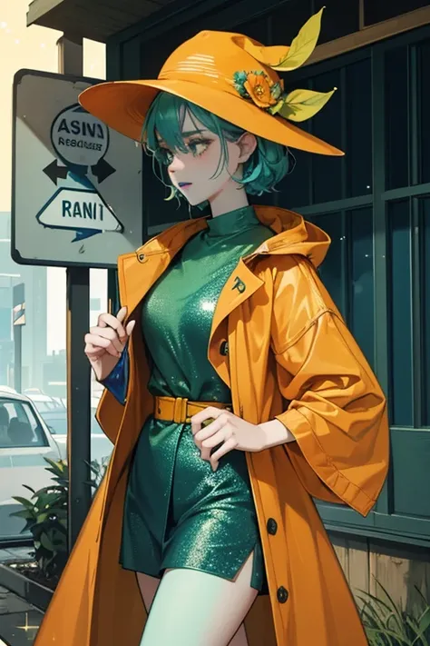 She is a dark green with faded blue lips and light green arms and legs. She wears an orange raincoat and a faded blue hat. She also holds out a sign letting cars know when to stop and when to go. SPARKLE; GLITTER