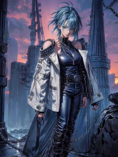 cinematic lighting、highest quality,cyberpunk world、1 female、(20 year old beautiful woman、Detailed beautiful facial featureEdium hair blue hair、shoulder length hair、messy hair、blue eyes:1.4)break,medium hair、（Bright blue hair:1.5）
break
((dark leather rebel...