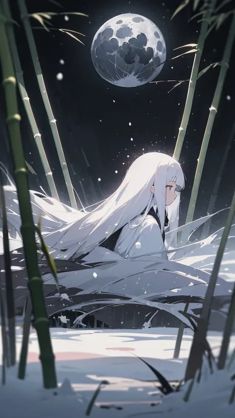 (masterpiece、highest quality)、Warm lighting、 Blurred foreground、Deep in the night、High Contrast,it&#39;s snowing,Black night,full moon,universe,planet,Moon and Earth,Ruined World,Very long white hair,Princess Kaguya,There is a lot of bamboo growing