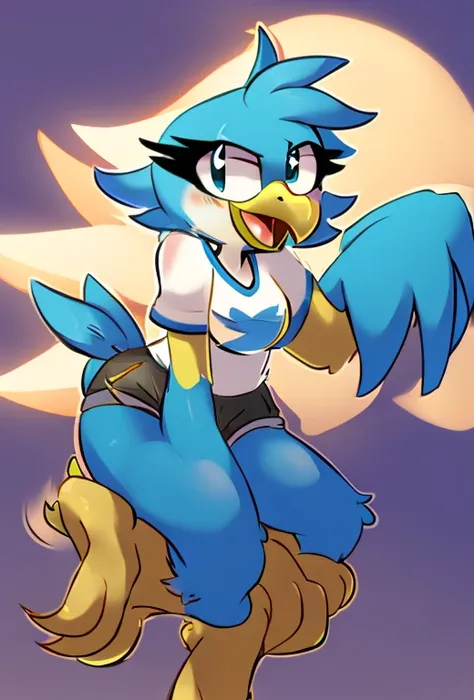 anthro furry, SDTwitterBird, blue skin, yellow beak, bird legs, talons, 1girl, t-shirt, logo, shorts, (masterpiece:1.2), best quality, crisp, clear, 