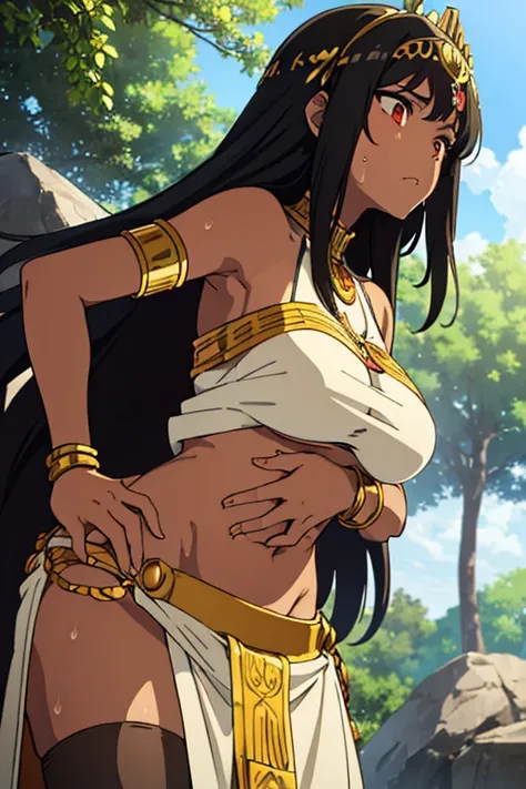 (best quality, masterpiece), brown skinned anime Cleopatra wearing a triangle top and long skirt, famished in hunger, (gently resting hands on stomach), (sweating), (long black hair), (hands on stomach), (pressing stomach with her fingers)