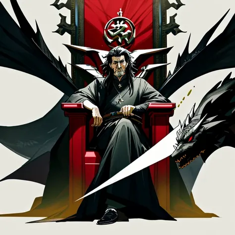 A black throne, with a black clothed and black haired old man sitting in it, a black dragon wraps around the throne, the man has a white sword to his side, the dragon is very big,