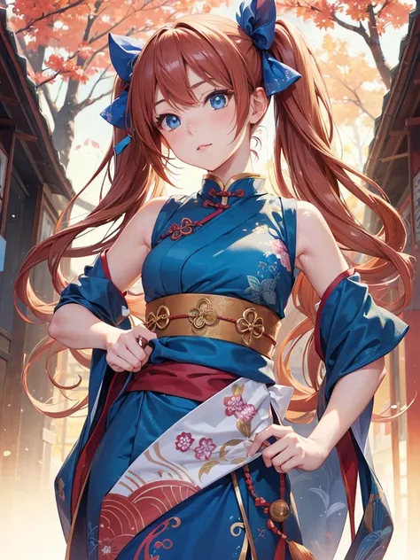 (high quality:1.2),realistic,Japanese zoom,women,looking up,cute,beautiful detailed、 blue eyes,chestnut hair,Twin tails,Sleeveless Chinese dress,slender,small breasts,upper body