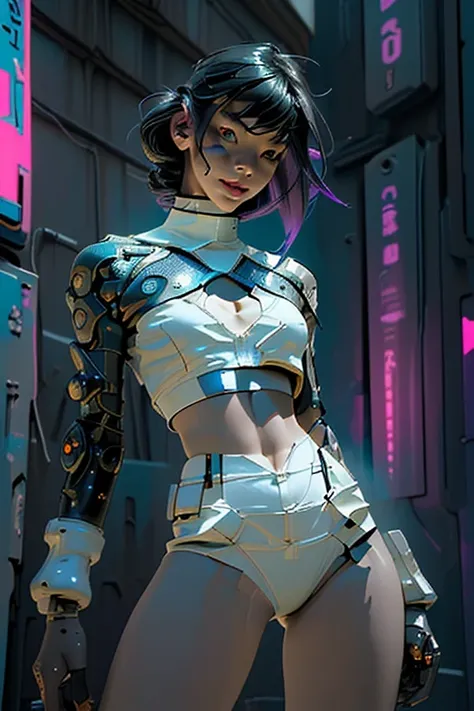 (best quality, masterpiece:1.2), a futuristic female warrior , (finely detailed skin), (in a deep neckline highly detailed sexy futuristic cyberpunk black crop top and underpants made of circuit boards, beautiful epic composition, futuristic, appealing, po...