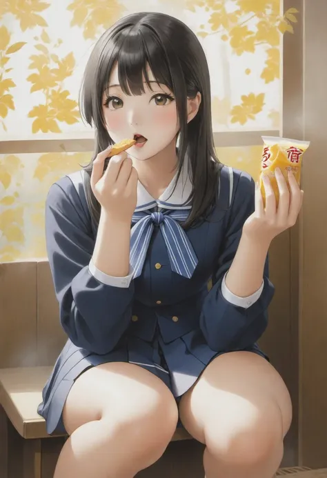 There is a woman sitting and eating something., realistic Young Gravure Idol, Portrait of a Japan teenager, wearing japanese school uniform, japanese , Young Gravure Idol, Young and cute gravure idol, of a youthful Japanese Girls, shikamimi, Japanese Girls...