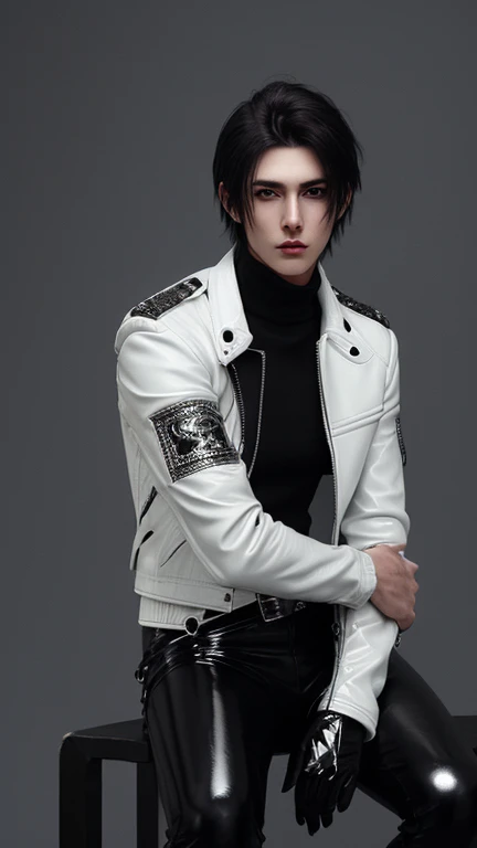 Final Fantasy-style graphics, young, Cute and cool Japanese boys, Thin eyebrows and big eyes,  He is wearing a shiny white single-breasted leather jacket...。Biker style leather jacket、 with epaulettes,  The jacket is zipped up, The jacket pockets are black...