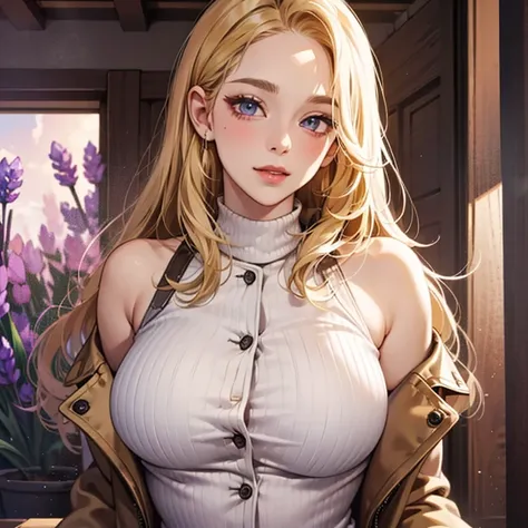 Anime woman, Cheekbones, detailed lips, blushing cheeks, shoulder length hair, ((golden blonde hair)), 25 years old, button nose, glossy lips, pink lipstick, ((lavender eyes)), round cheeks, D-cup breasts, ((brown trench coat)), full lips, sweet smile, det...