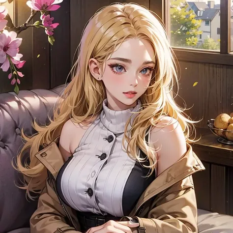 Anime woman, Cheekbones, detailed lips, blushing cheeks, shoulder length hair, ((golden blonde hair)), 25 years old, button nose, glossy lips, pink lipstick, ((lavender eyes)), round cheeks, D-cup breasts, ((brown trench coat)), full lips, sweet smile, det...