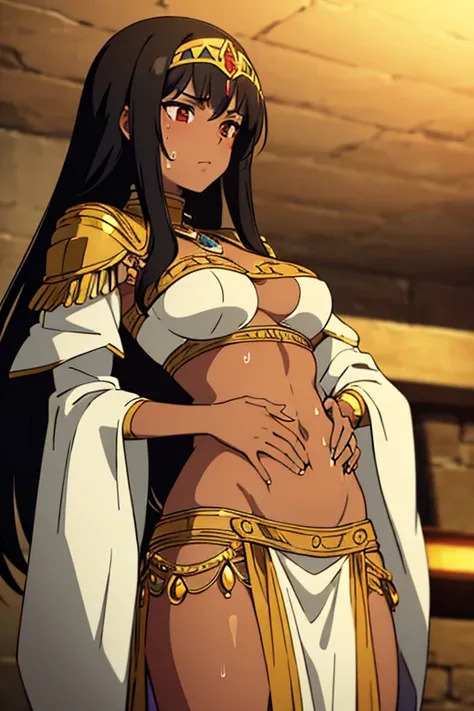 (best quality, masterpiece), brown skinned anime Cleopatra wearing a triangle top and long skirt, famished in hunger, (gently resting hands on stomach), (sweating), (long black hair), (hands on stomach), (pressing stomach with her fingers)