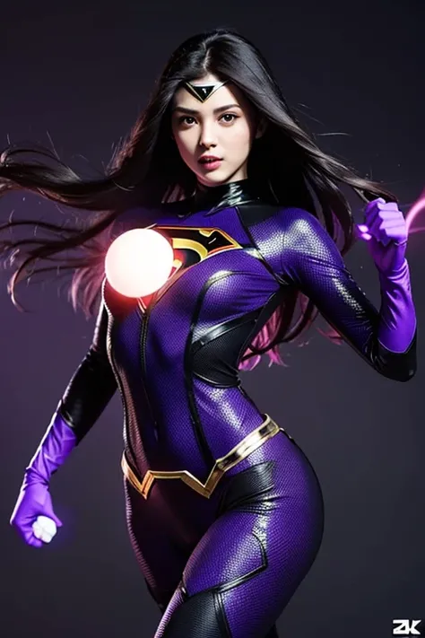 24 year old girl, superheroine in black and purple full bodysuit costume covering legs, black and purple superhero theme, shes a superhero long black hair, small glowing purple orb floating next to her, small purple energy orb next to her, intricate detail...