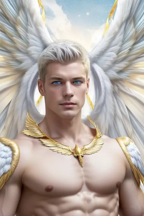 (close-up:1.5),muscle,menstoga,in white and gold costume, male focus, solo, 1boy, (bare shoulders),looking at viewer, ice blue eyes,nude,(Seraphim:1.5), (multiple wings:1.5), in the sky, (floating:1.3), (midair:1.5), cloudan with wings), angel wings, glowi...