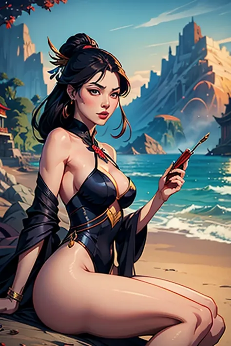 there is a woman sitting on the beach with a watch, rainha do mar mu yanling, linda arte digital, Arte digital altamente detalhada em 4k, uma linda imperatriz de fantasia, Arte detalhada de alta qualidade em 8K, fantasia linda, por Yang J, linda linda arte...