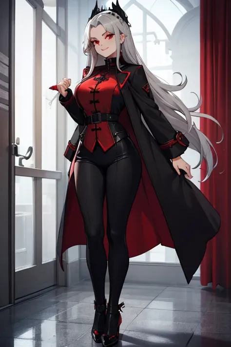 female, silver long hair with black highlights, red eyes, (((1girl))), (((red gothic coat with yellow trim))), (black shirt), (red pants), (black dress shoes), cute and sexy, full body, large breasts, large butt, long legs, smiling