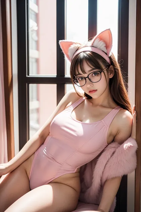 A beautiful girl with glasses and cat ears posing near a window, pink cat suit, showcasing shoulders and thighs