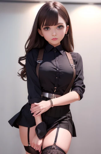 Black Skirt, suspenders, Brown Hair,Grey Eyes, Garter belt on the legs, Tight black clothes, Moderate bust,holster,Forehead Center,