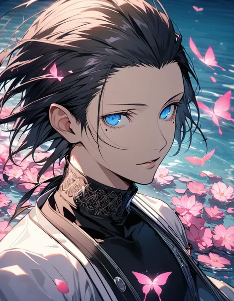 Ultra detailed, Highres, absurdres, Mochizuki Ryouji, black swept back hair, blue eyes, Persona 3, mole under the eye, white long coat with patterns, pink flowers, petals, extremely handsome, man, solo, very detailed eyes and face, black gloves, water, pin...