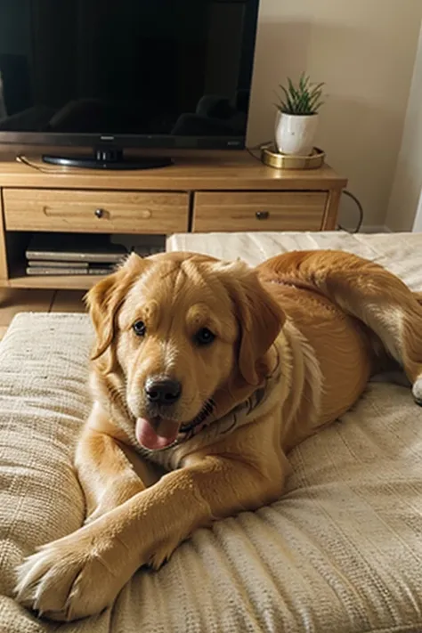 Golden retriever dog, pardo, com cara de coitadinho, lying on the pillow and the TV has a blurry background 