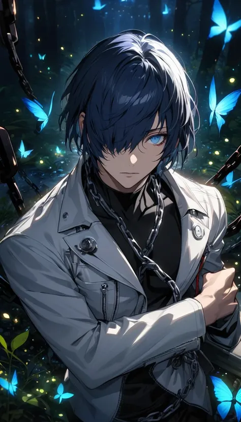 absurdres, highres, ultra detailed, HDR, master piece, best quality, extremely detailed face and eyes, perfect face, Arisato Minato, expressive blue eyes, short dark blue hair, bangs over his left eye, short hair, Persona 3, solo, sexy man, handsome, white...