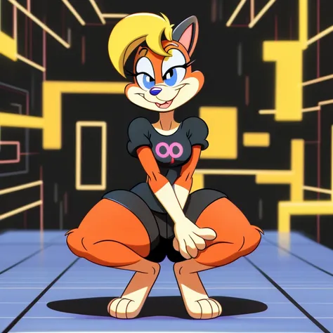 dot warner from animaniacs, wearing black shorts, squatting down, crossed legs, in 1980s smiley face cyberspace, bored expressio...