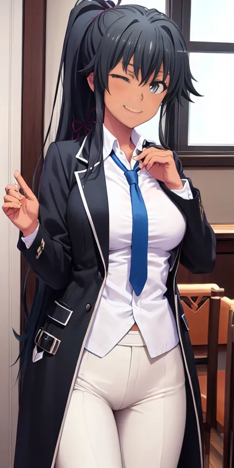 ((best quality)), ((masterpiece)), (detailed) 1girl 1girl, ;), blurry, blurry_background, breasts, , hair_ponytail ribbon, looking_at_viewer, ok_sign, one_eye_closed, open_hand, Yukinoshita Yukino ,Woman wearing formal clothes, An attractive coat stands in...