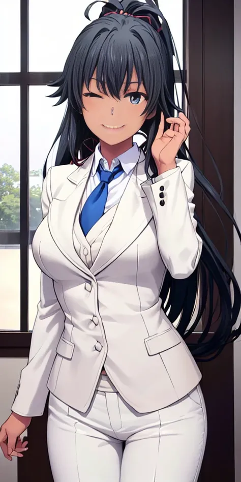 ((best quality)), ((masterpiece)), (detailed) 1girl 1girl, ;), blurry, blurry_background, breasts, , hair_ponytail ribbon, looking_at_viewer, ok_sign, one_eye_closed, open_hand, Yukinoshita Yukino ,Woman wearing formal clothes, An attractive coat stands in...