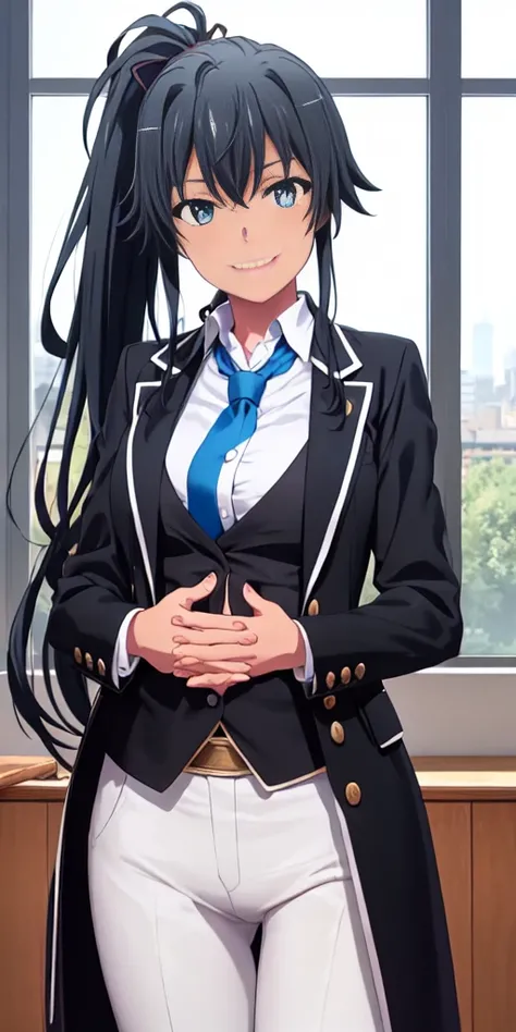 ((best quality)), ((masterpiece)), (detailed) 1girl 1girl, ;), blurry, blurry_background, breasts, , hair_ponytail ribbon, looking_at_viewer, ok_sign, one_eye_closed, open_hand, Yukinoshita Yukino ,Woman wearing formal clothes, An attractive coat stands in...