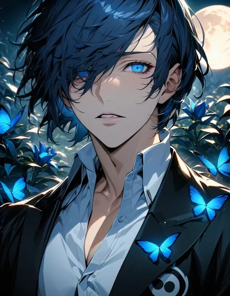 absurdres, highres, ultra detailed, HDR, master piece, best quality, extremely detailed face and eyes, perfect face, Arisato Minato, expressive blue eyes, short dark blue hair, bangs over his left eye, short hair, Persona 3, solo, sexy man, handsome, blue ...