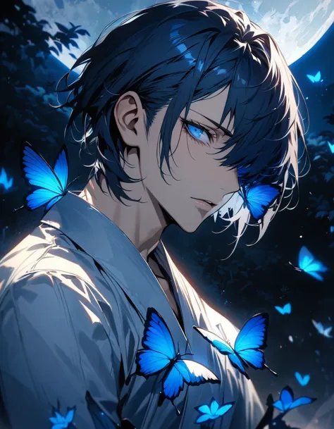 absurdres, highres, ultra detailed, HDR, master piece, best quality, extremely detailed face and eyes, perfect face, Arisato Minato, expressive blue eyes, short dark blue hair, bangs over his left eye, short hair, Persona 3, solo, sexy man, handsome, blue ...