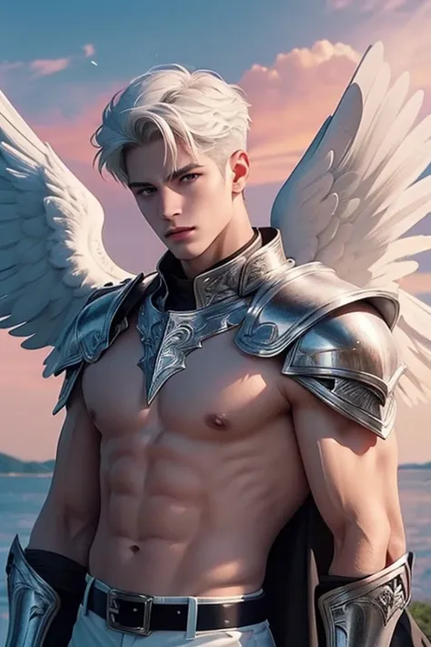 ((Best quality)), ((masterpiece)), (detailed), ((perfect face)), ((halfbody)) perfect proporcions,He is a handsome angel, 25 years old, white hair, he has white wings, He wears silver armor, angel wings, he has honey-colored eyes, There is a pink sky behin...