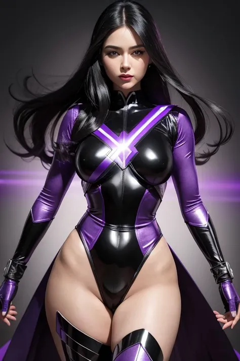 24 year old girl, superheroine in black and purple full bodysuit costume covering legs, black and purple superhero theme, shes a superhero long black hair, small glowing purple orb floating next to her, small purple energy orb next to her, intricate detail...