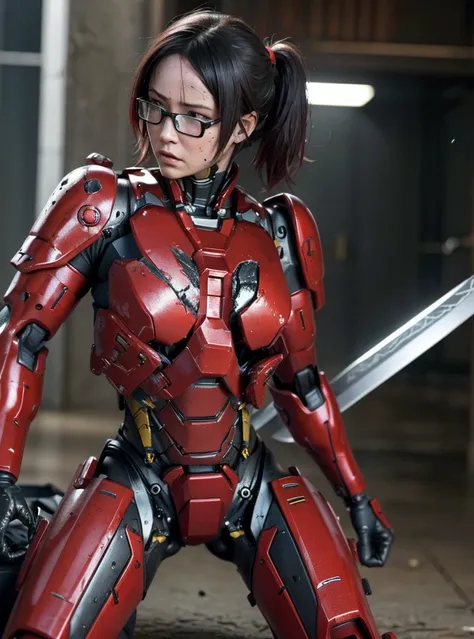  Very detailed, Advanced Details, high quality, 最high quality, High resolution, 1080p, hard disk, beautiful,(Sweaty face,she&#39;Equipped with a severely damaged mech,Full Body Shot　Wearing a bright red Iron Man suit　short hair　Black Hair　Kindergarten girl...