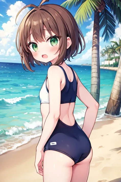 1girl, kinomoto sakura, beach, outdoors, solo, ass, school swimsuit, green eyes, palm tree, tree, brown hair, short hair, day, looking back, beach,open mouth,blush,small hip,crying face,antenna hair,get wet,flat chest