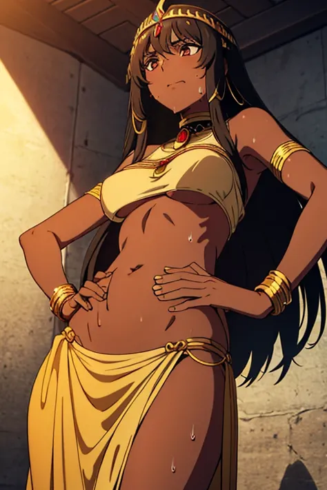 (best quality, masterpiece), brown skinned anime Cleopatra wearing a triangle top and long skirt, famished in hunger, (gently resting hands on stomach), (sweating), (long black hair), (hands on stomach), (pressing stomach with her fingers)