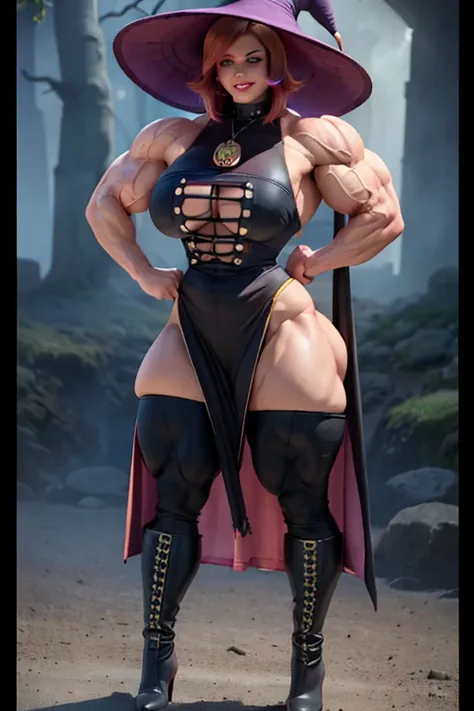 ((((Massive, tall, beautiful, buff, light brown skinned, muscular woman with shocking pink hair, black lipstick, ginormous bulky muscles and wearing a beautiful gothic dress with a witch hat)))), black eyeliner, (massive muscles), massive biceps, hyper mus...