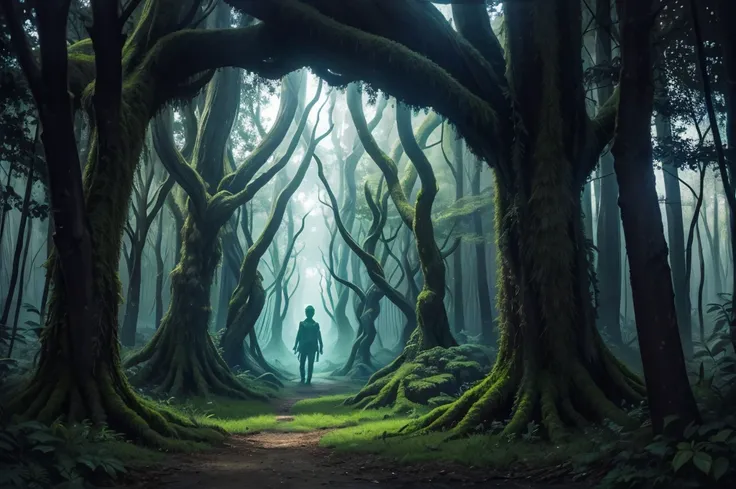 Photo of a portal in shape of a giant moss covered skull in the dark forrest, warner brothers film style, mystic, psychodelic atmosphere, 35mm, inspired by smeglejj