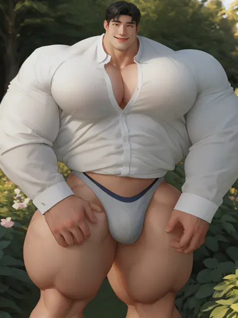 1boy korean male, (korean man with k-pop idol look), black hair, giant, model shoot style, looking at viewer, standing, strong body, standing, in the garden, white triangular underpants, prominent large bulge, brutalmass, detailed face, heavy muscular, stu...