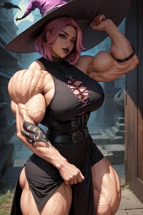 ((((Massive, tall, beautiful, buff, light brown skinned, muscular woman with shocking pink hair, black lipstick, ginormous bulky muscles and wearing a beautiful gothic dress with a witch hat)))), black eyeliner, (massive muscles), massive biceps, hyper mus...