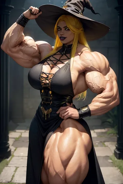 ((((Massive, tall, beautiful, buff, light brown skinned, muscular woman with yellow hair, black lipstick, ginormous bulky muscles and wearing a beautiful gothic dress with a witch hat)))), black eyeliner, (massive muscles), massive biceps, hyper muscle tri...