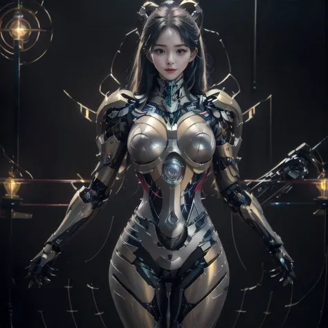 Masterpiece, Full Body Shot, Caustics,
　reflection,
 Ray Tracing, Devil&#39;s Theme, Star Cloud,
 Dark aura, Cyber Effects, (One girl:1.4), alone,alone,Golden Mecha Museum,Machinery Parts, Robot Joint,Single Mechanical Arm, headgear, Mechanical Aura,Star H...